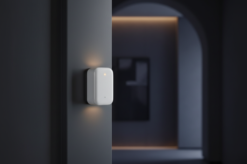 Axion Entry Sensor – sleek smart door sensor in a modern dark home entryway