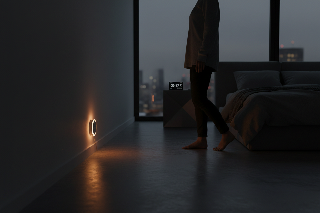 Axion Glow Night Light – lifestyle shot of person walking through dark bedroom with soft night light glow