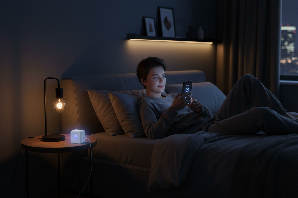 Axion Smart Plug – lifestyle shot, young adult controlling smart plug via phone app